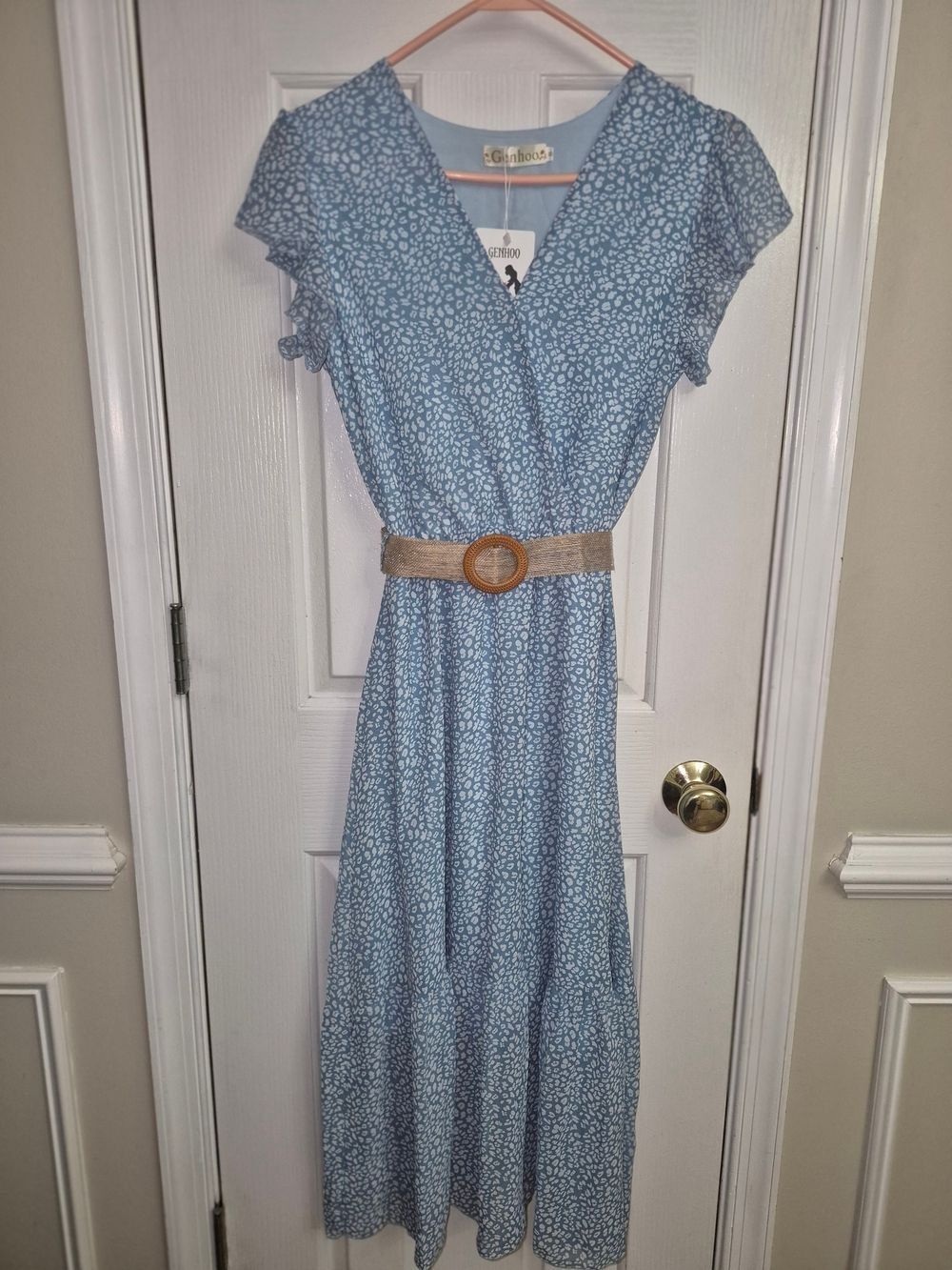 NWT Genhoo Boho Flutter Sleeve V-Neck Midi Dress with Woven Belt-S